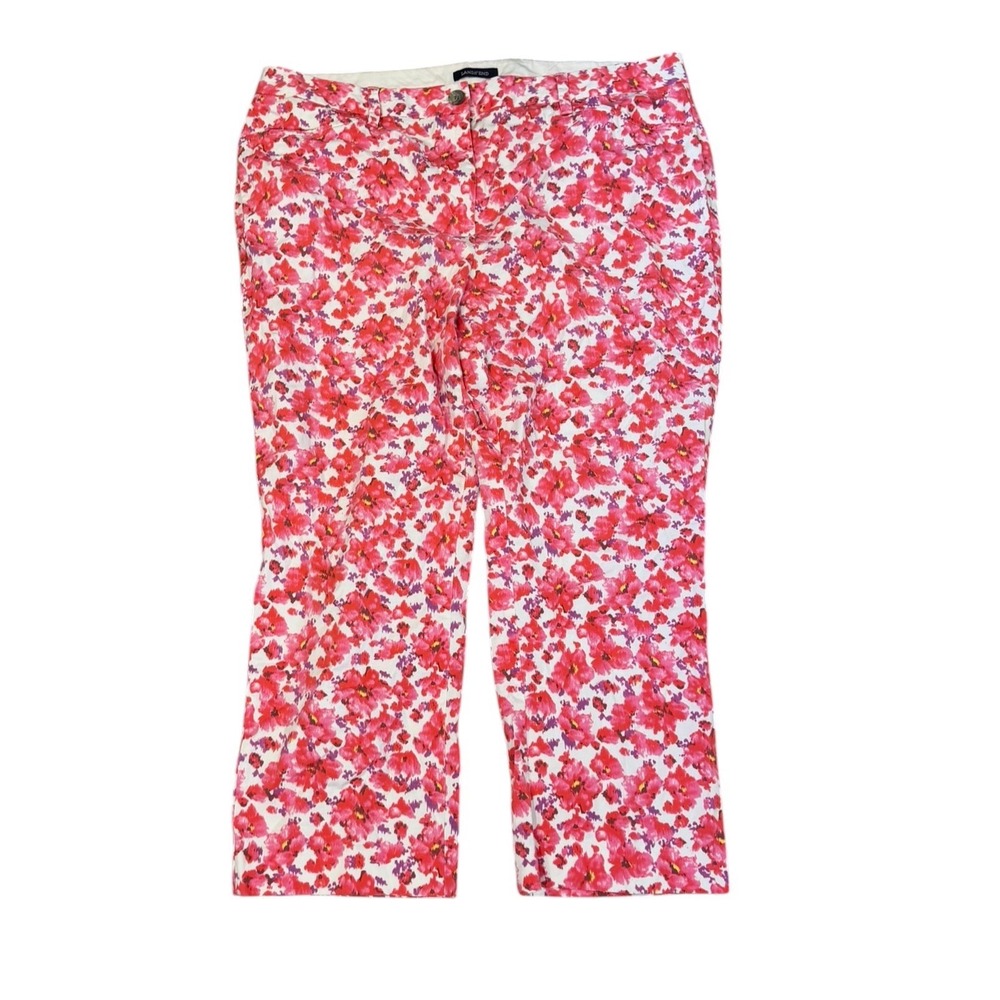 Lands End Fit 2 Pink Red Floral Crop Pants Womens 16 Stretch Cotton Straight Leg